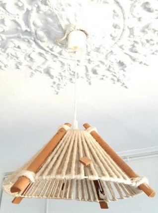 Suspension  laine et bois style Audoux-Minnet 1960