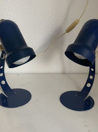 Paire lampes vintage 1970 chevet métal bleu Klein Italy - 25