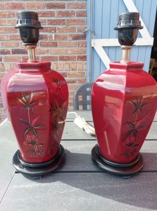 2 LAMPES CHINOISE PEINT A LA MAIN 1960 VINTAGE SANG DE BOEUF