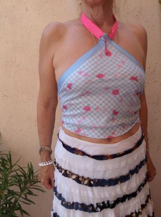 Vichy carreaux bleu rose crop top création France fait main