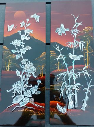 tableaux Asie bois, laque, nacre. Chine Vietnam 1960 VINTAGE