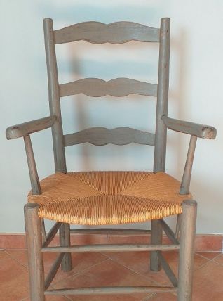 Fauteuil campagne paillé ancien patiné 