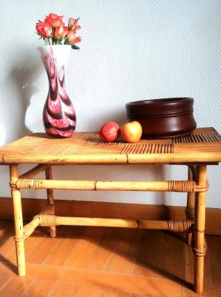Table basse en bambou refendu et rotin 1960 