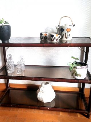 Console étagère rotin et verre fumé 