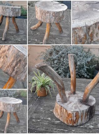 Tabouret de ferme tripode brutaliste, antique