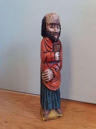 Statue Saint Augustin en bois peint style brutaliste