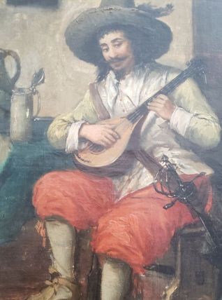 Huile sur toile XIXème"Le troubadour à la mandoline"