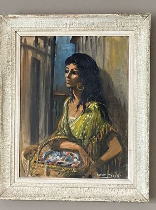 Portrait d'une femme gitane. Huile encadrée. 1950.