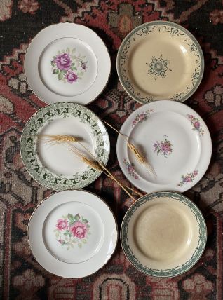 6 assiettes plates anciennes dépareillées et fleuries.