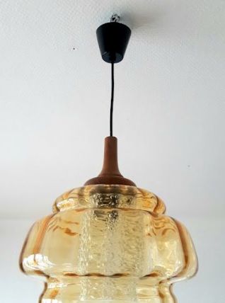 Suspension vintage en verre et teck style Orrefors 