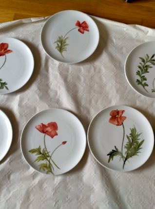 6 assiettes en porcelaine peintes à la main  "coquelicots"