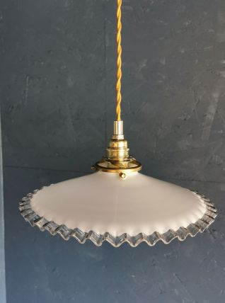 Lampe suspension vintage années 60 opaline blanche doré 26cm