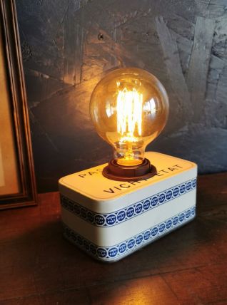 Lampe vintage salon bureau chevet métal blanche bleu Vichy