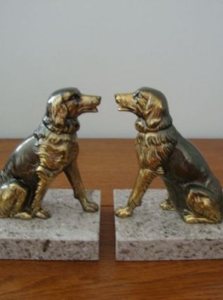 Serre livres vintage épagneuls en régule socle marbre