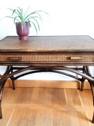 Grand bureau en rotin et cannage 1970 