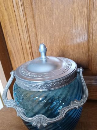 ANCIEN POT/SEAU A BISCUITS EN VERRE TURQUOISE Epoque 1900