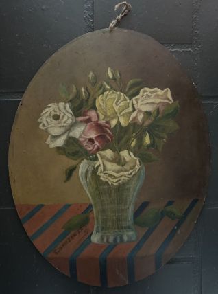 Tableau vase avec roses bohème nappe rayé 