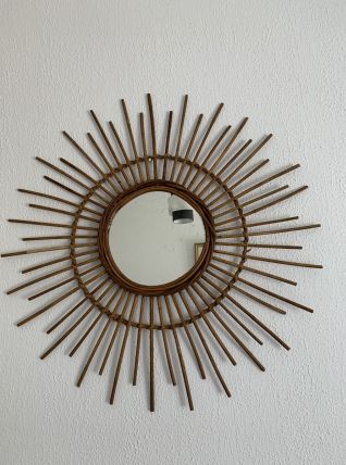 Grand miroir vintage 1960 soleil rotin osier - 78 cm