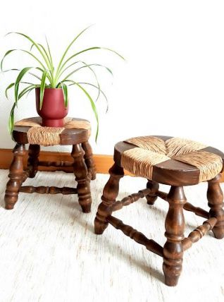 Paire de tabourets de cheminée bois et paille 1950 