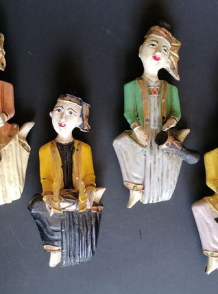 4 statuettes thaï bois sculpté polychrome musiciens 