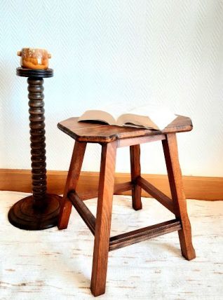 Tabouret de traite brutaliste en bois 1950