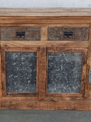 Petit buffet en bois ancien et métal 