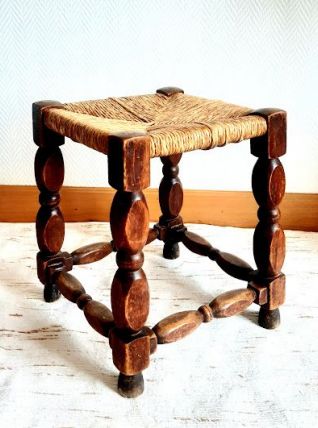 Tabouret de ferme paillé vintage en chêne