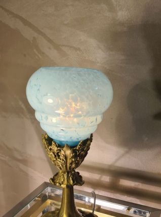 lampe calice bronze doré  abat jour opaline bleue clichy  19