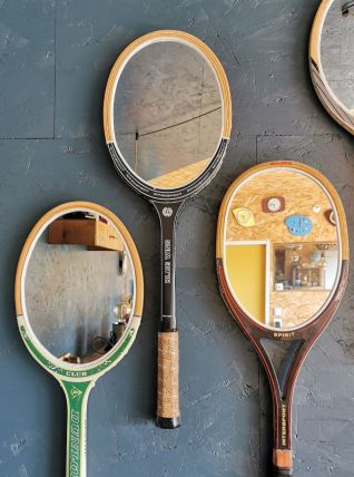 Miroir mural ovale bois raquette tennis vintage "Blue Wing"