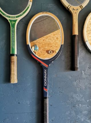 Miroir mural ovale bois raquette tennis vintage "Donnay bleu