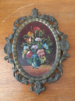 Petit cadre en métal doré et peinture sur bois