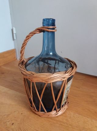 Dame Jeanne bouteille verre bleu et osier