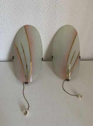 Paire appliques vintage 1960 pétales opaline laiton - 21 cm 