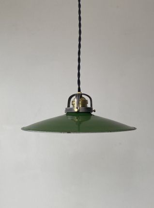 ANCIENNE SUSPENSION INDUSTRIELLE EMAILLEE VERTE 31 cm 