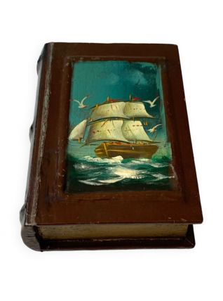 Ancienne boîte en forme de livre peinture bateau vintage 