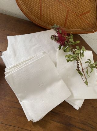 Nappe et serviettes de table coton blanc damassé HB.