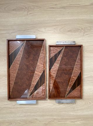 Duo de plateaux vintage en bois marquétés art déco