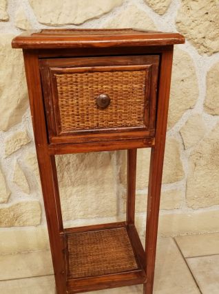 Petit meuble vintage bois et rotin tressé