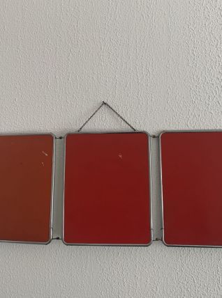 Miroir vintage 1960 triptyque barbier rouge orange - 31 x 78