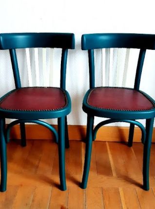 Paire de chaises en bois bistrot vert émeraude vintage 