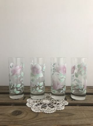 4 verres à eau fleuris 