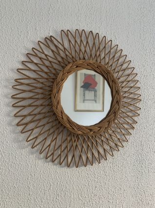 Miroir vintage 1960 soleil fleur rotin osier - 45 cm