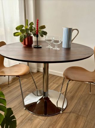Table à manger vintage bois pied chrome style tulipe