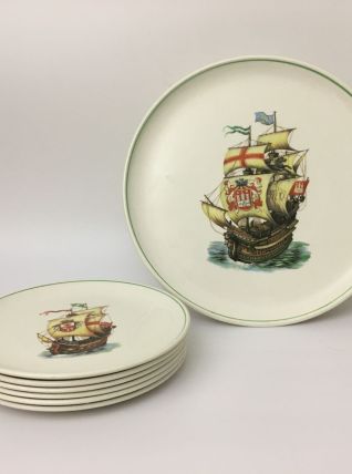 6 assiettes à dessert et le Plat Vintage / Gien / Modèle Arm
