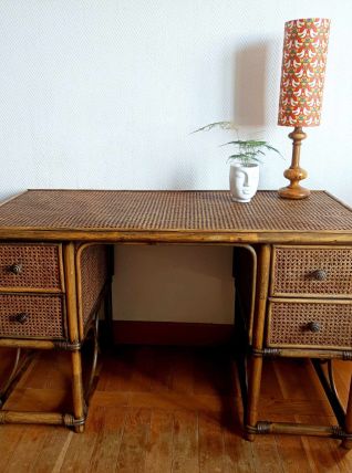 Grand bureau rotin et cannage style Maugrion 1970 