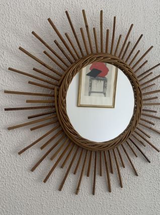 Miroir vintage 1960 soleil rotin osier artisanal - 55 cm