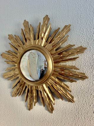 Miroir vintage 1960 soleil sorcière résine bois doré - 59cm
