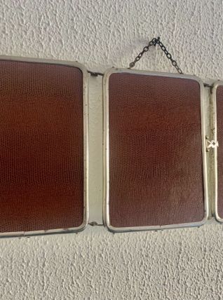 Miroir triptyque barbier chromé chocolat vintage 1940 - 21 x
