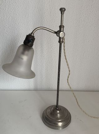 Lampe vintage 1930 Art Déco bureau laiton nickelé verre dépo