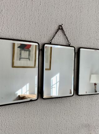 Miroir vintage 1930 triptyque barbier cristal simili cuir do